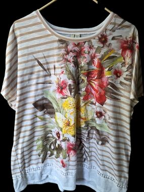 Cato Beige Stripe Short Sleeve Top with Red Pink and Yellow Floral